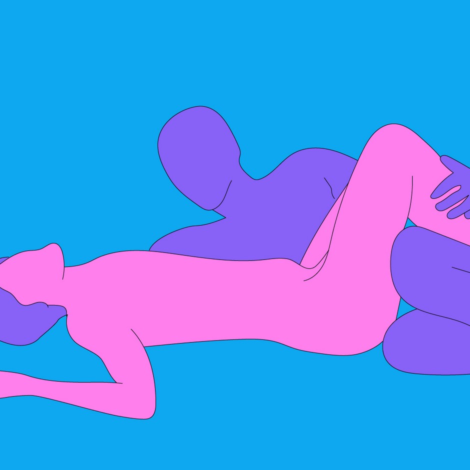 An illustration in the trans pride colours, showing a masc presenting person lying next to their lover in an intimate pose