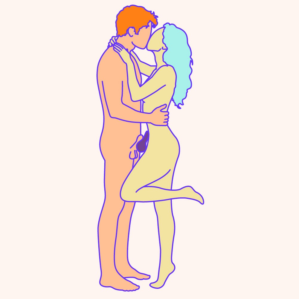 A naked illustrated couple in a standing sex position. In-between them is the We-Vibe Shared Touch.
