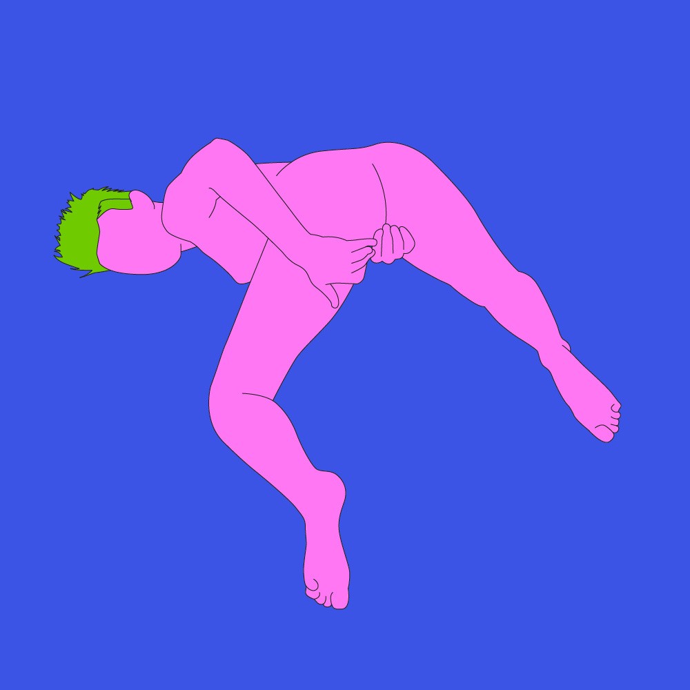 A naked illustrated woman knelt on all fours in a solo variation of the doggy style sex position.