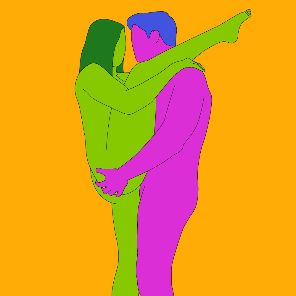 A naked illustrated couple facing each other. One has their leg raised up and resting on their partner's shoulder.
