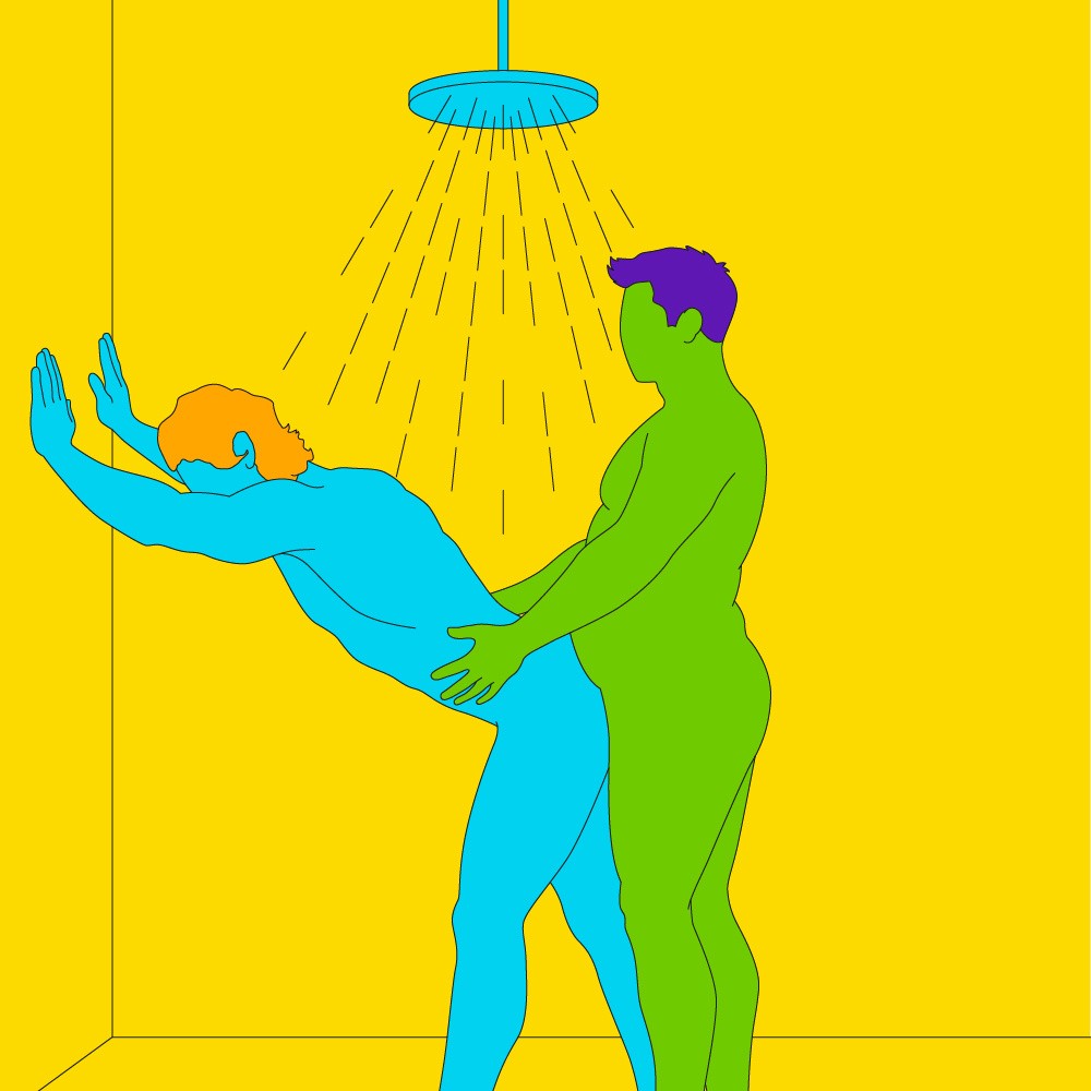 A naked illustrated couple in a penetration from behind sex position in the shower.
