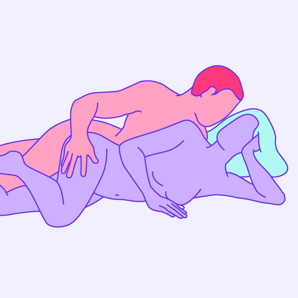 An illustration of a couple lying down, facing the same way while holding each other