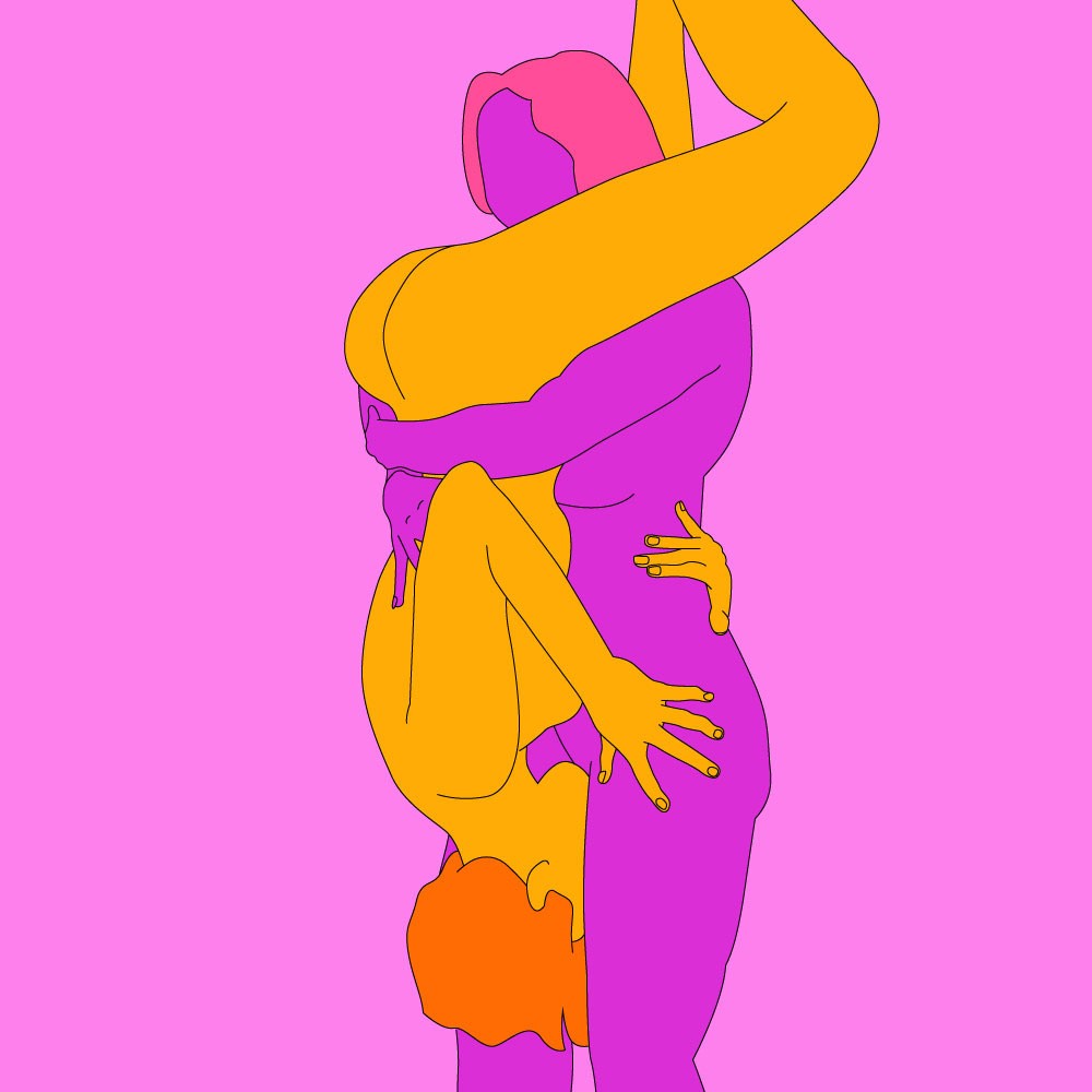 A naked illustrated couple in a standing variation of the 69 sex position.