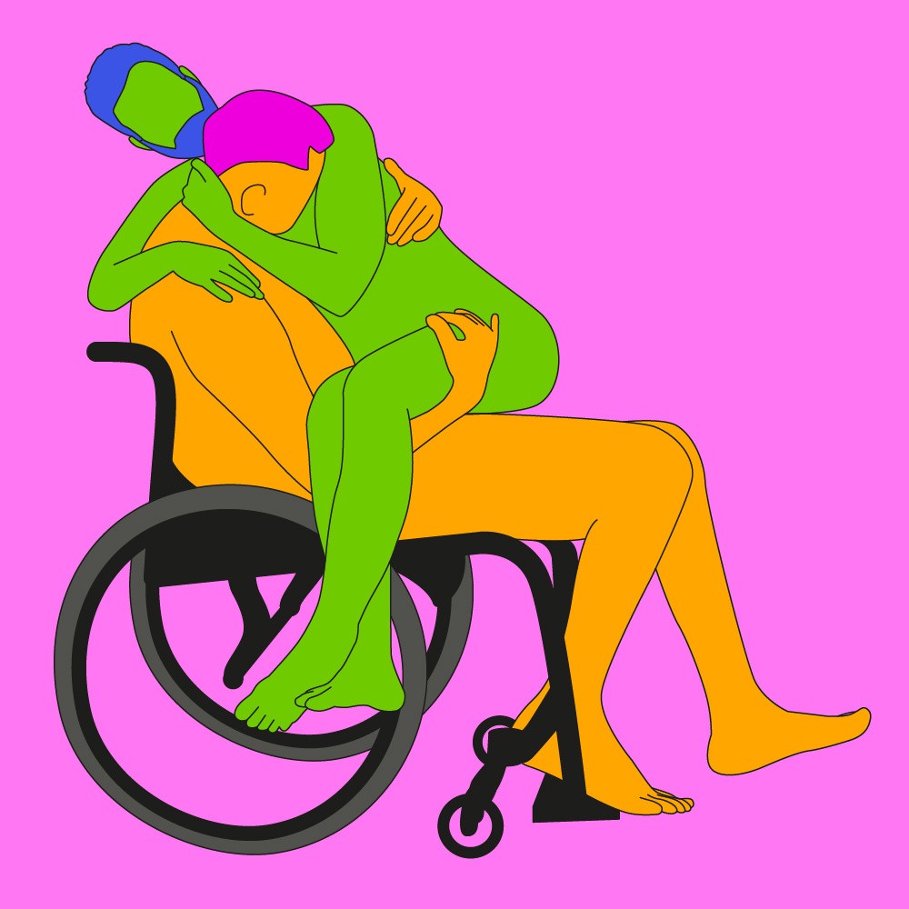 A naked illustrated couple holding each other in a right embrace. One is sat in a wheelchair and the other is sat on their lap.