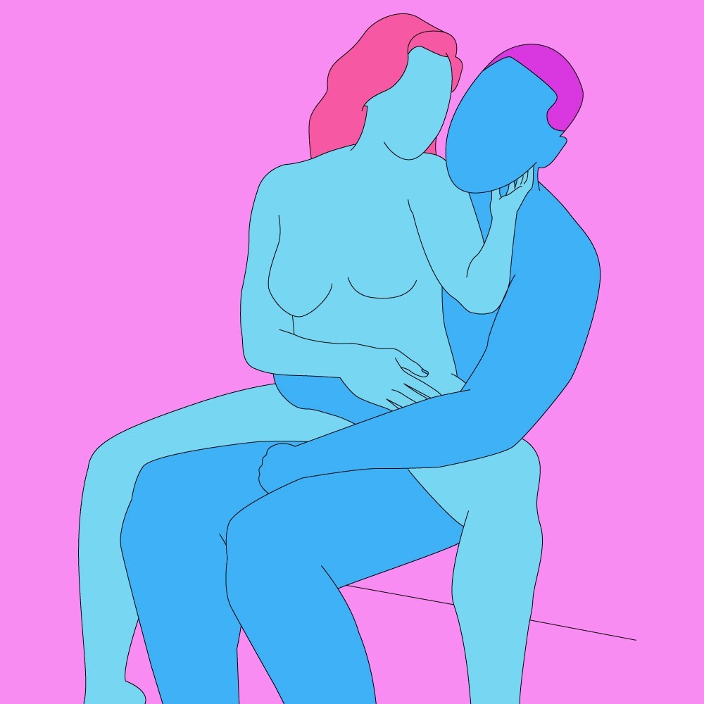 A naked illustrated couple in a seated deep penetration sex position. One is sat on a chair and the other is sat on their lap with legs open.