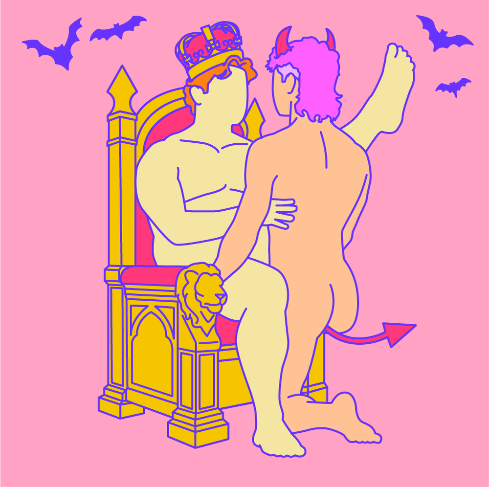 A naked illustrated couple in a seated/one leg-up penetration sex position.