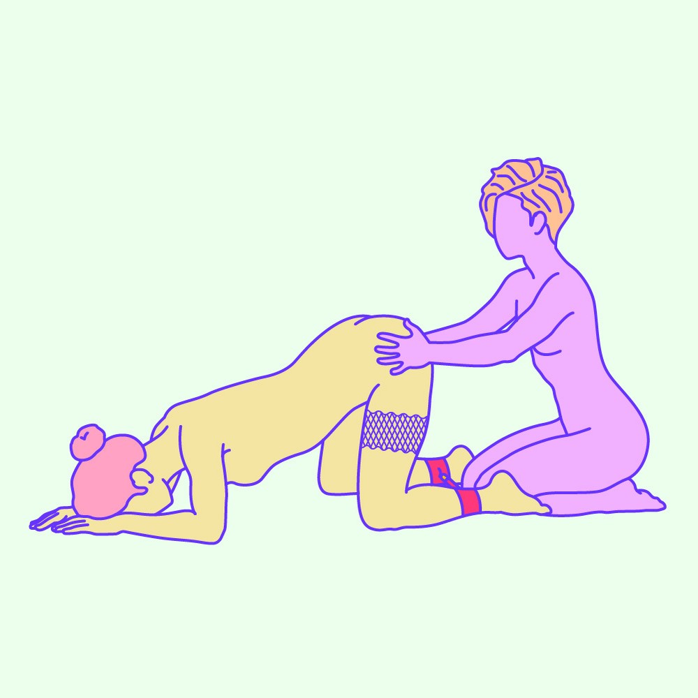 A naked illustrated couple in a bent over anal stimulation sex position. One partner is wearing a spreader bar.