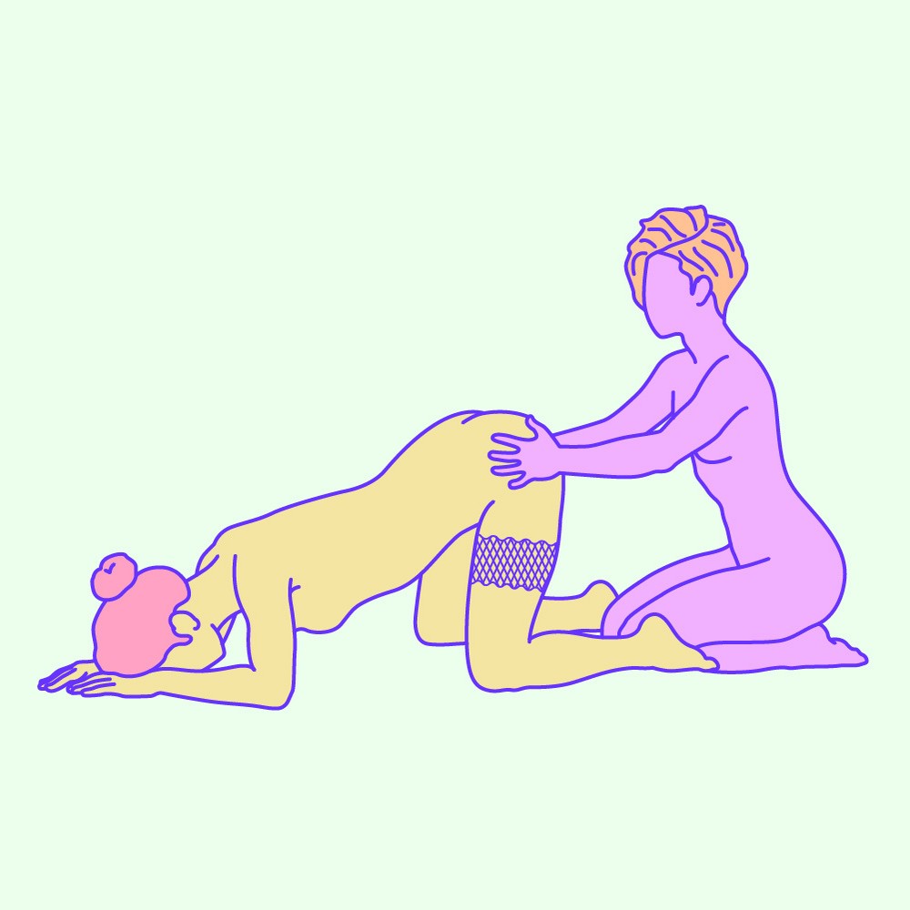 A naked illustrated couple in a bent over anal stimulation sex position.