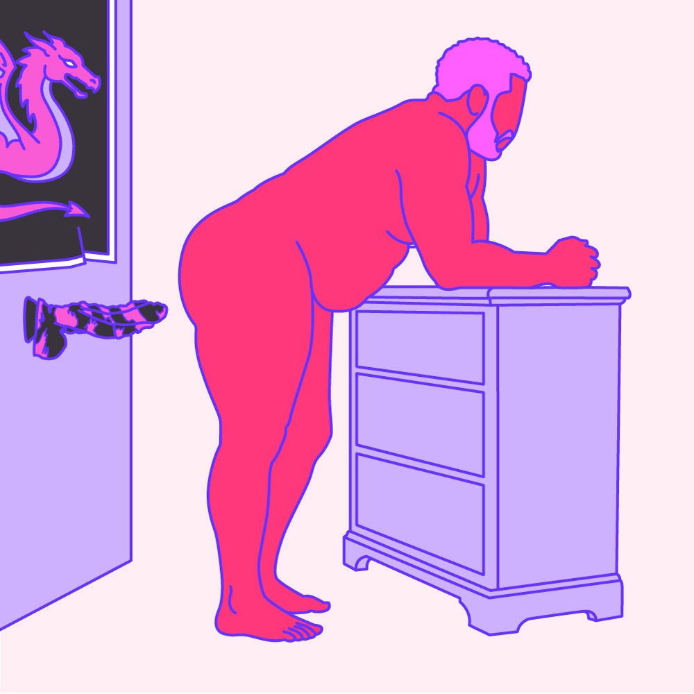 A naked illustrated person bent over with a fantasy suction cup dildo on the wall behind them.