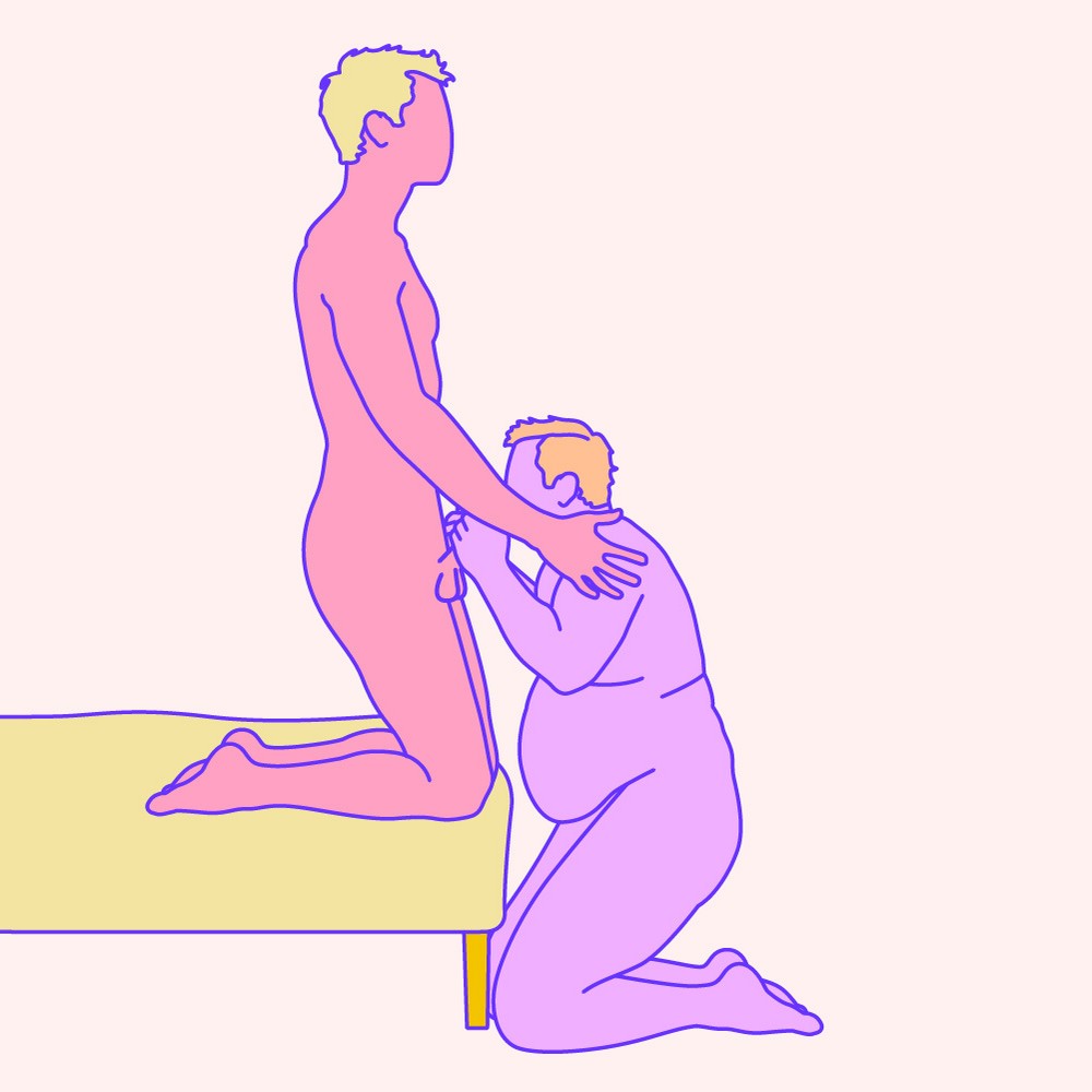 A naked illustrated couple in an elevated on-your-knees oral sex position.