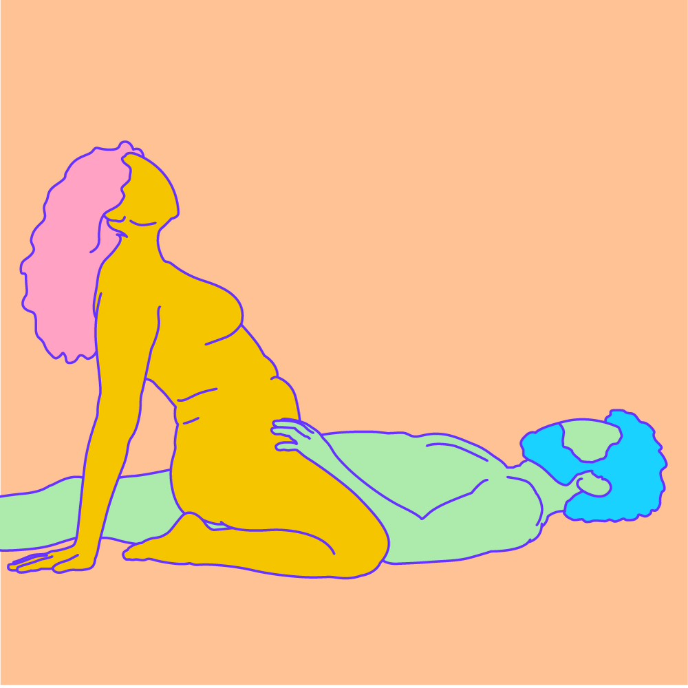 A naked illustrated couple in a laid-back variation of the forward Cowgirl sex position.