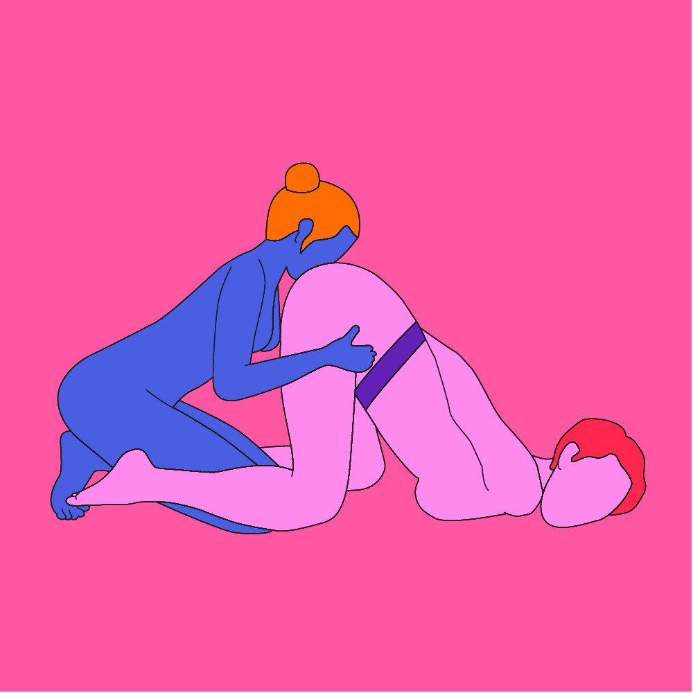 A naked illustrated couple in a seated position. One person is bent over with their thighs tied, the other is behind them.
