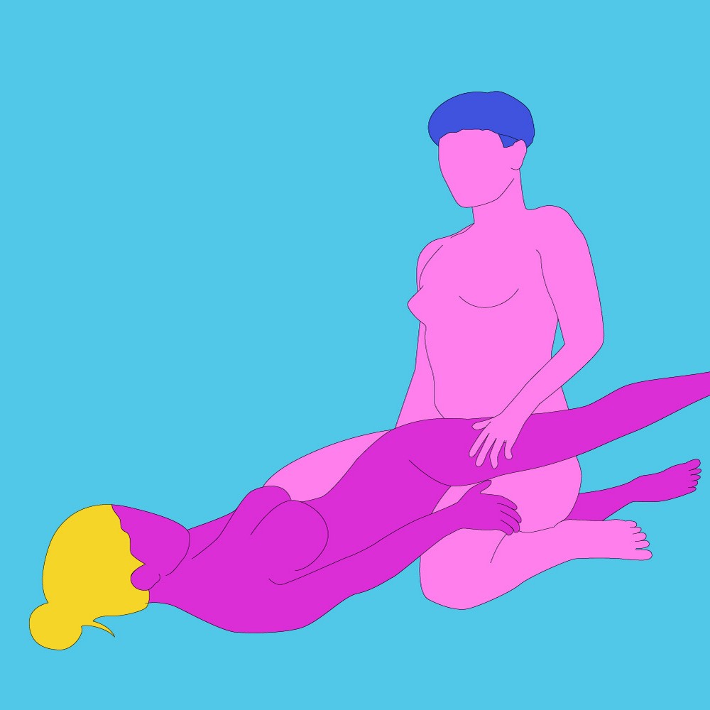 A naked illustrated couple in a variation of the Pretzel sex position. One is kneeling up and the other is led on their back with their legs open.