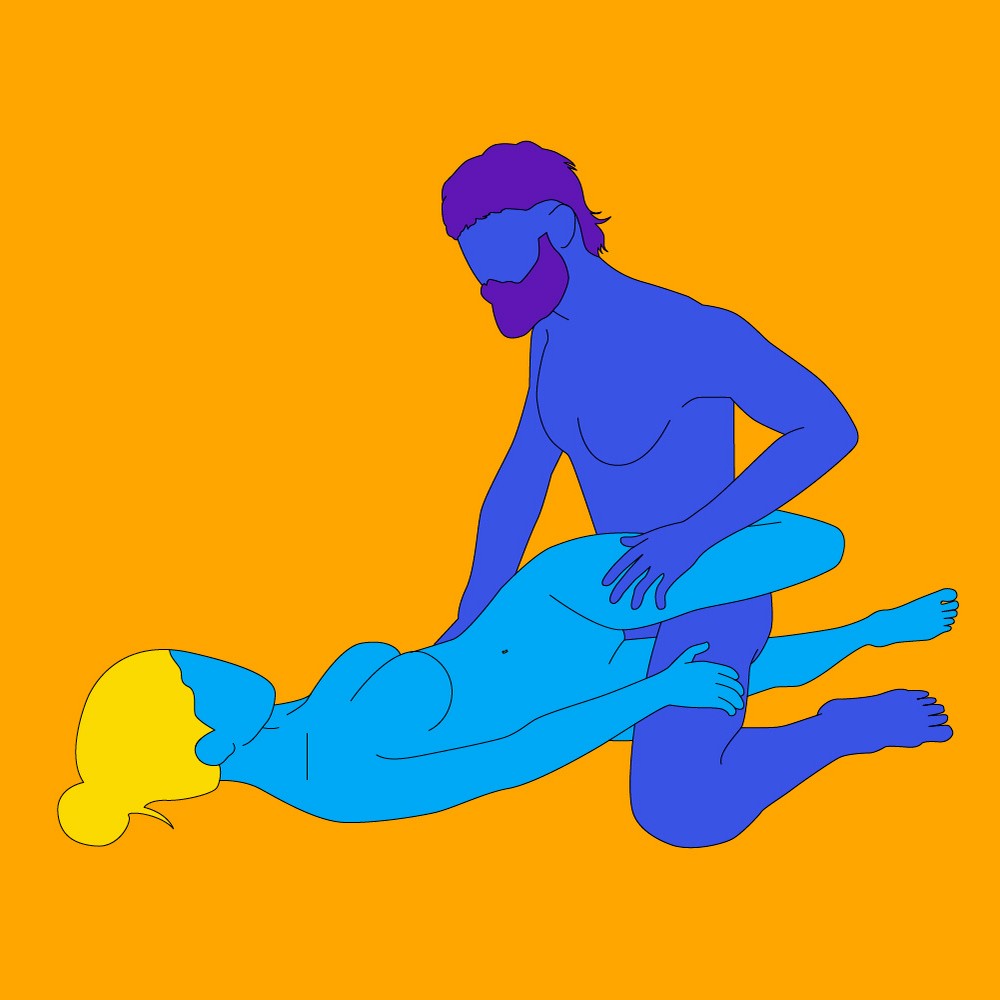 A naked illustrated couple in the Pretzel sex position. One is knelt upwards and the other is led on their back with their legs open.