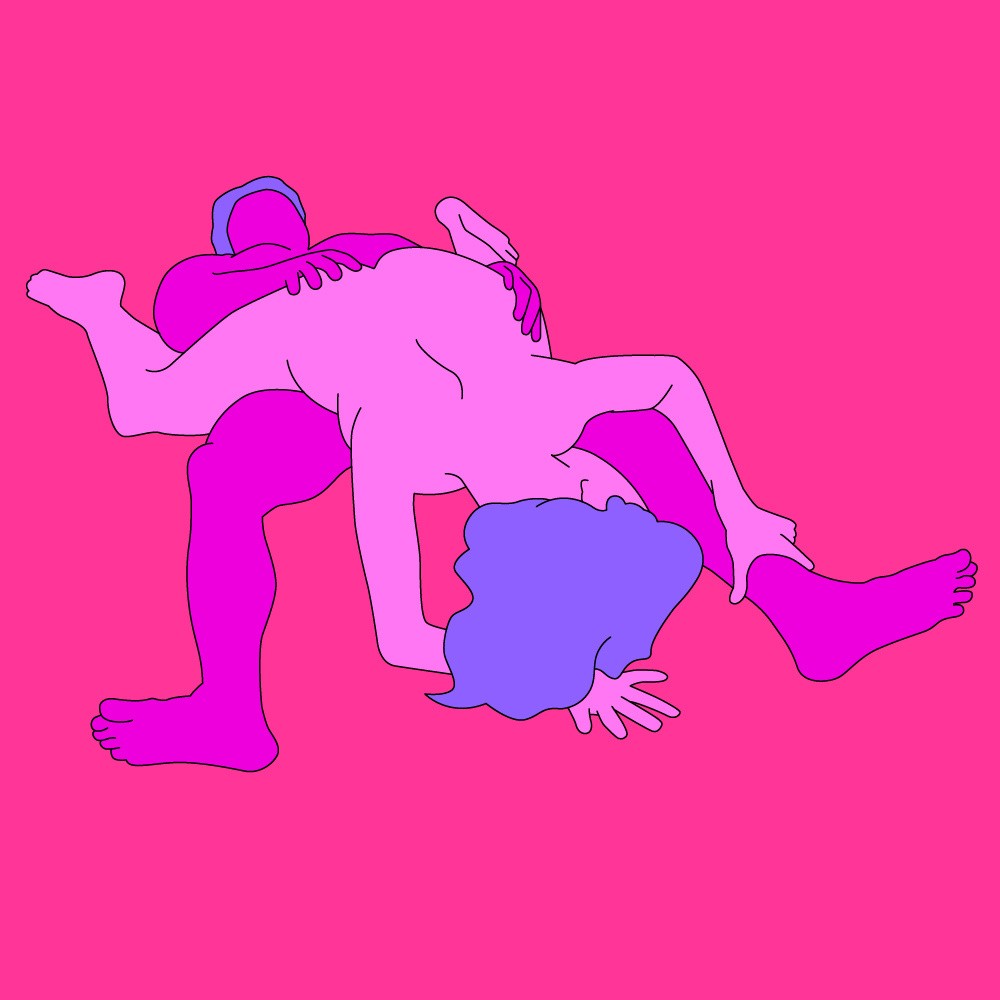 A naked illustrated couple lying down in a reverse variation of the Starfish sex position.