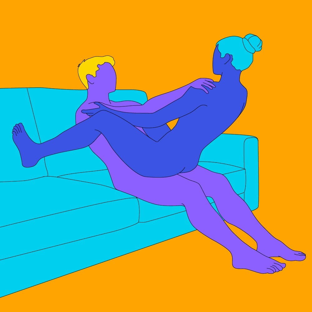 A naked illustrated couple in a seated, trust-fall style sex position.
