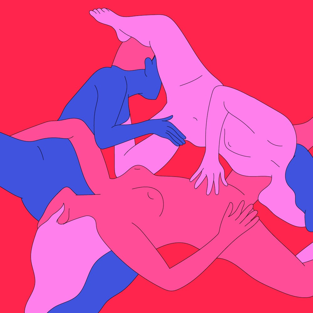 A naked illustrated threesome of women touching and licking each other.