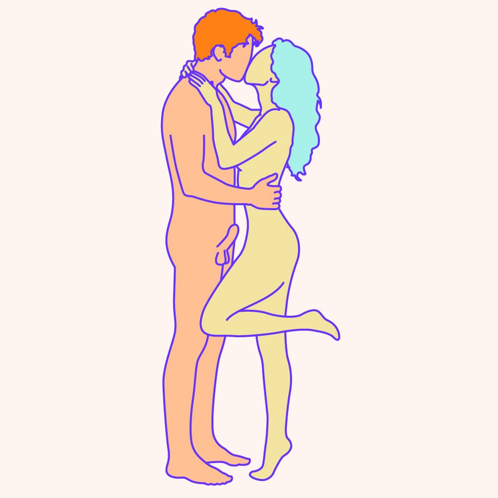 A naked illustrated couple in a standing sex position.