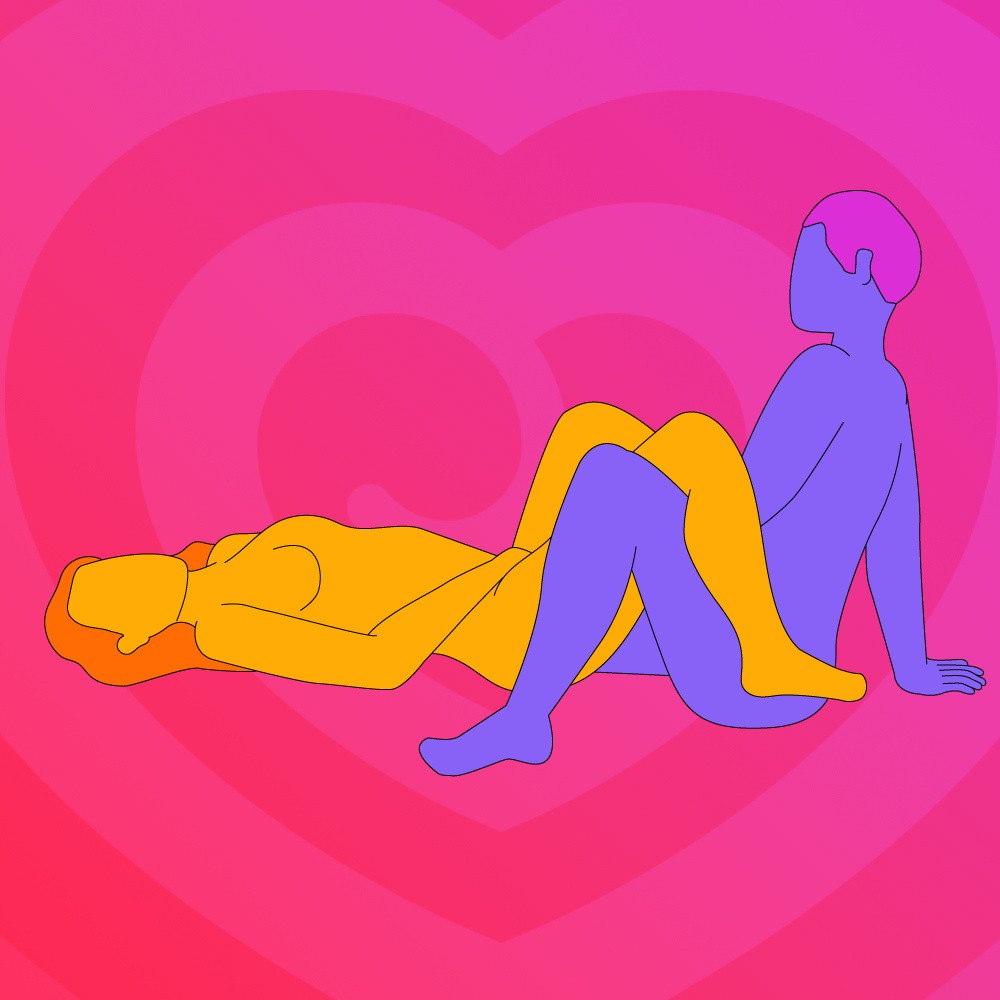 A naked illustrated couple with entwined legs. One is seated and one is lying on their back.