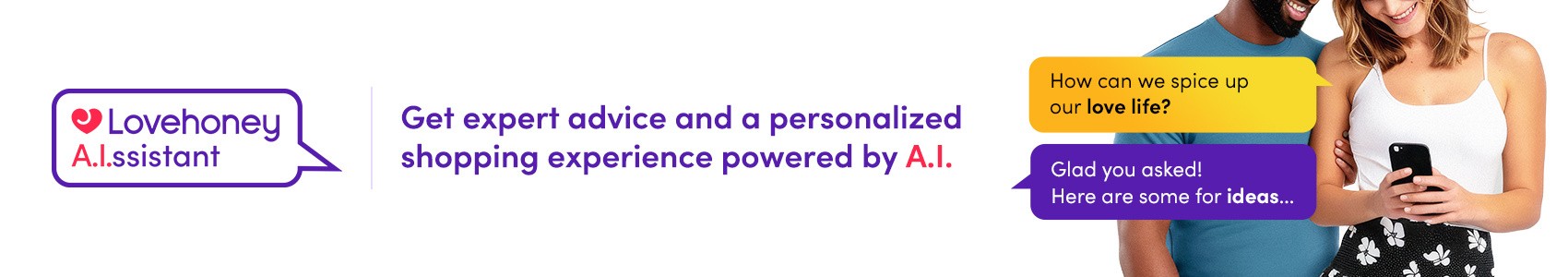 An excited couple asks Lovehoney's AI shopping assistant for ideas to spice up their love life.