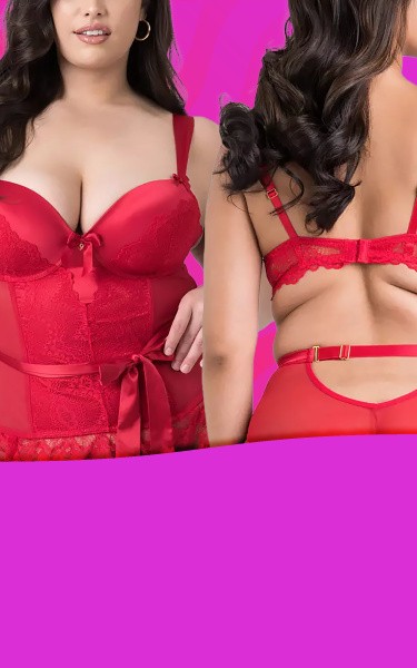 Image of Lovehoney Moonlight Desire Red Satin Crotchless Bra Set and Plus Size Crotchless Basque Set