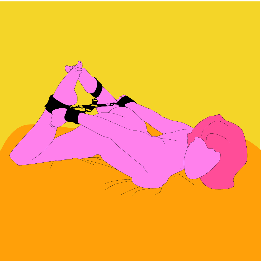 A naked illustrated person led on their front on a bed, with their arms and legs restrained with a hogtie.